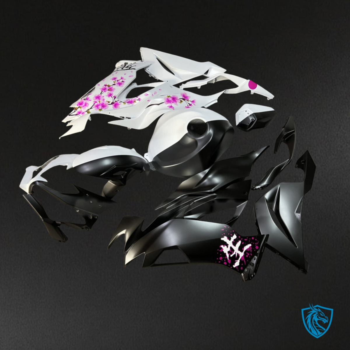 Kawasaki ZX6R (2019-2023) Matte Black, White & Pink Cherry Fairing Kit | ABS Bodywork