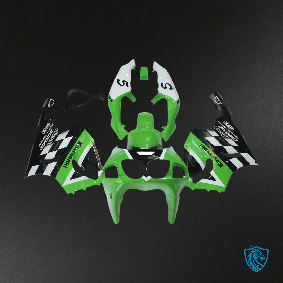 Kawasaki ZX7R (1996-2003) Black, White & Green - Fairing Kit