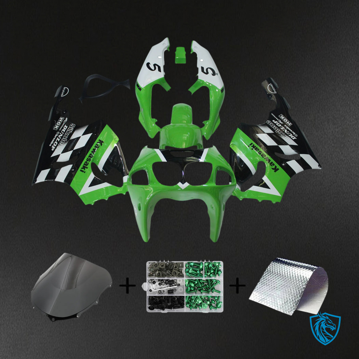 Kawasaki ZX7R (1996-2003) Black, White & Green - Fairing Kit