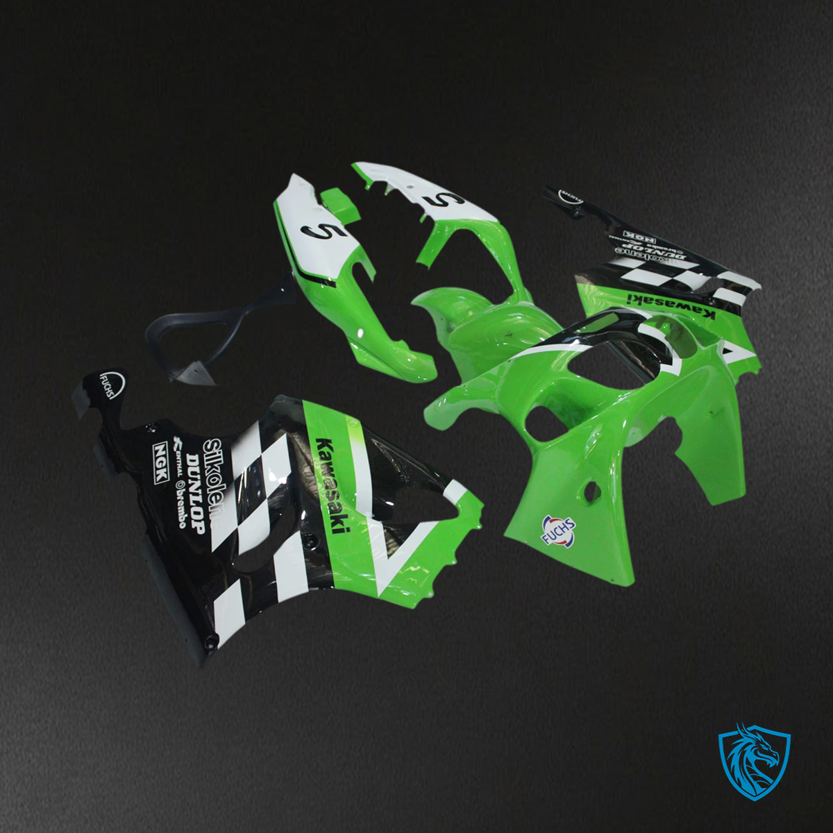 Kawasaki ZX7R (1996-2003) Black, White & Green - Fairing Kit