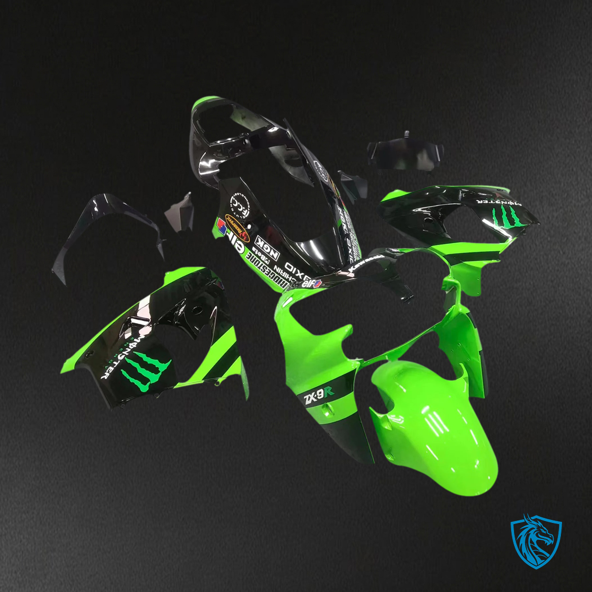 Kawasaki ZX9R (2002-2003) Black & Green Monster - Fairing Kit