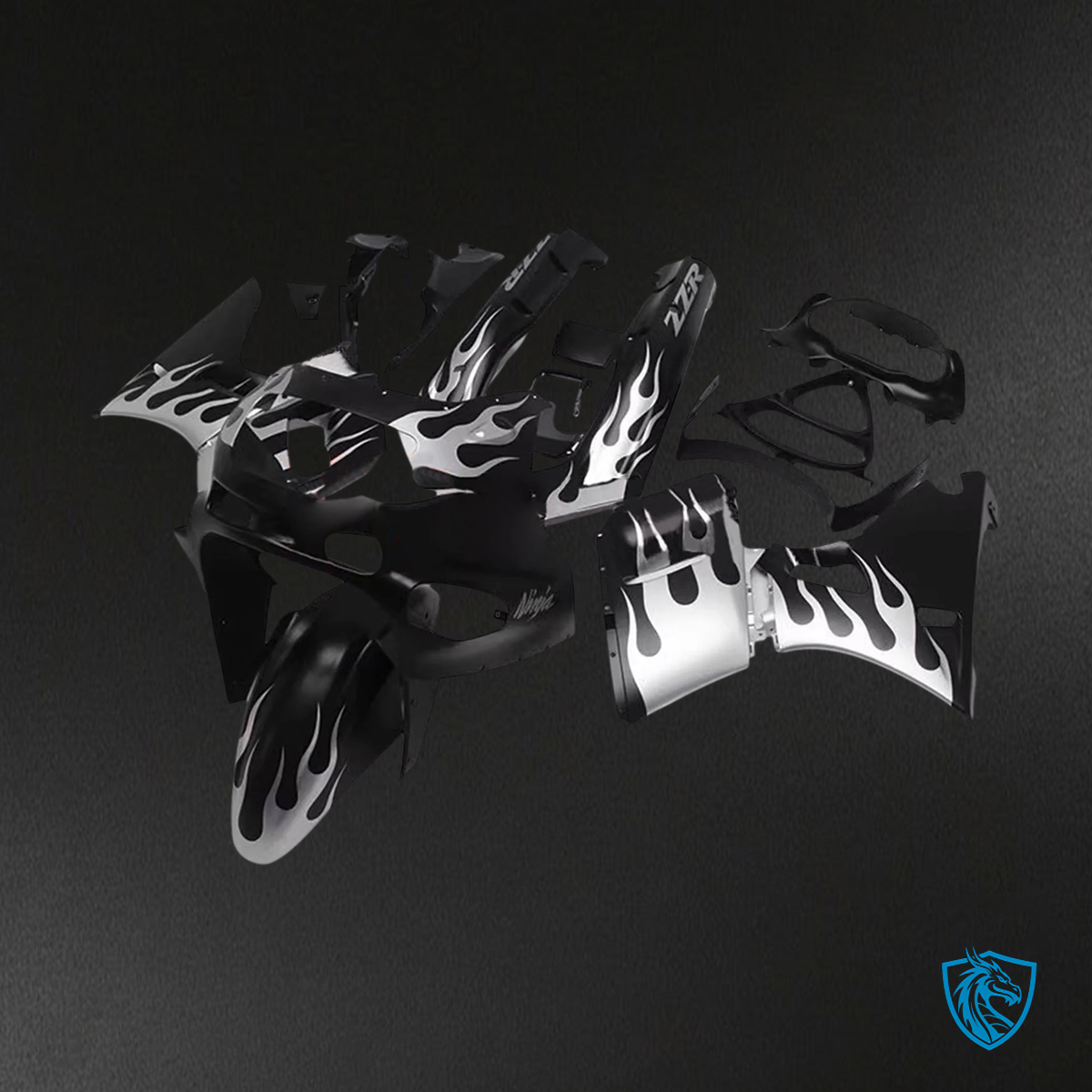 Kawasaki ZZR400 (1993-2007) ZZR600 (1998-2003) Black & Silver Flame - Custom ABS Fairing Set