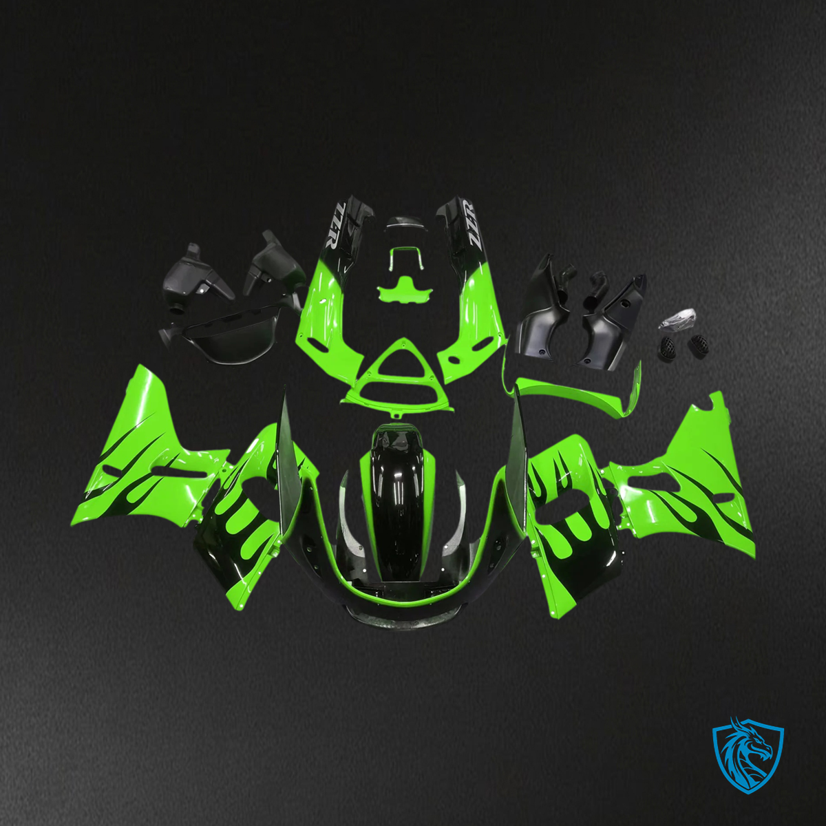 Kawasaki ZZR400 (1993-2007) ZZR600 (1998-2003) Green & Black Flame Style 4 Fairing Kit | ABS Bodywork