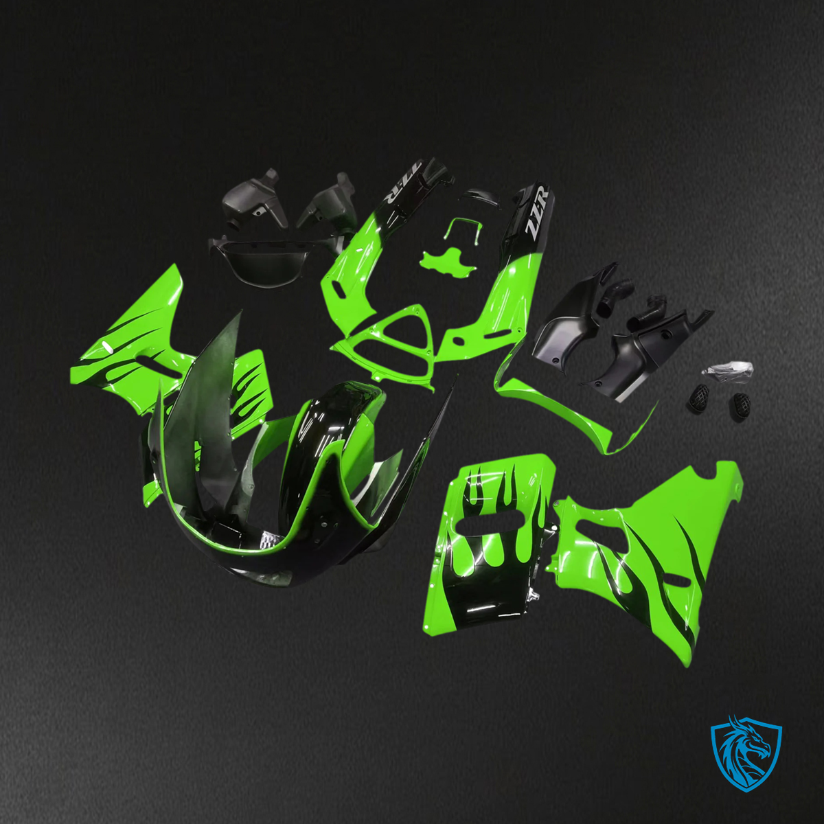 Kawasaki ZZR400 (1993-2007) ZZR600 (1998-2003) Green & Black Flame Style 4 Fairing Kit | ABS Bodywork
