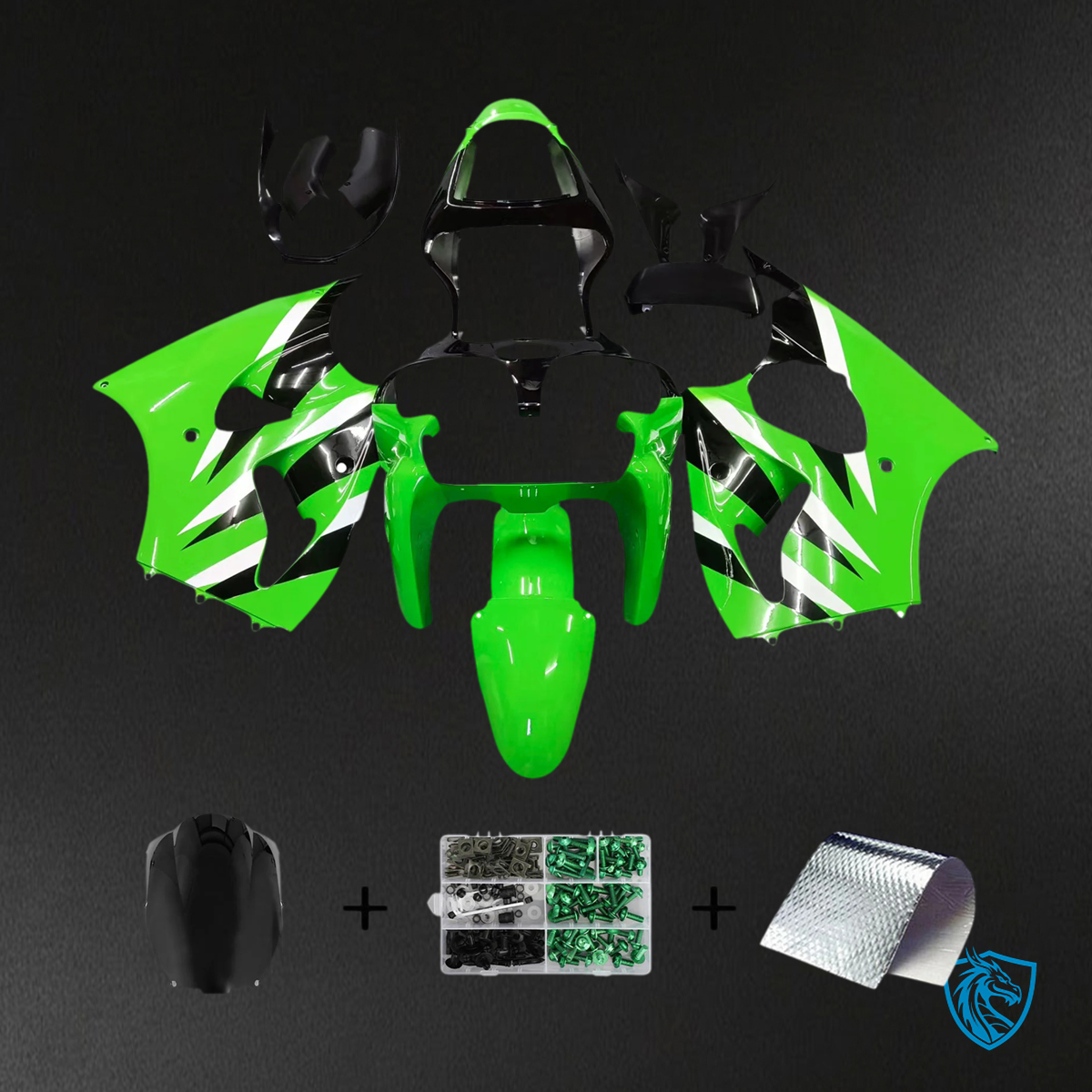 Kawasaki  Zx6R (2000-2002) Black & Green Fairing - Kit