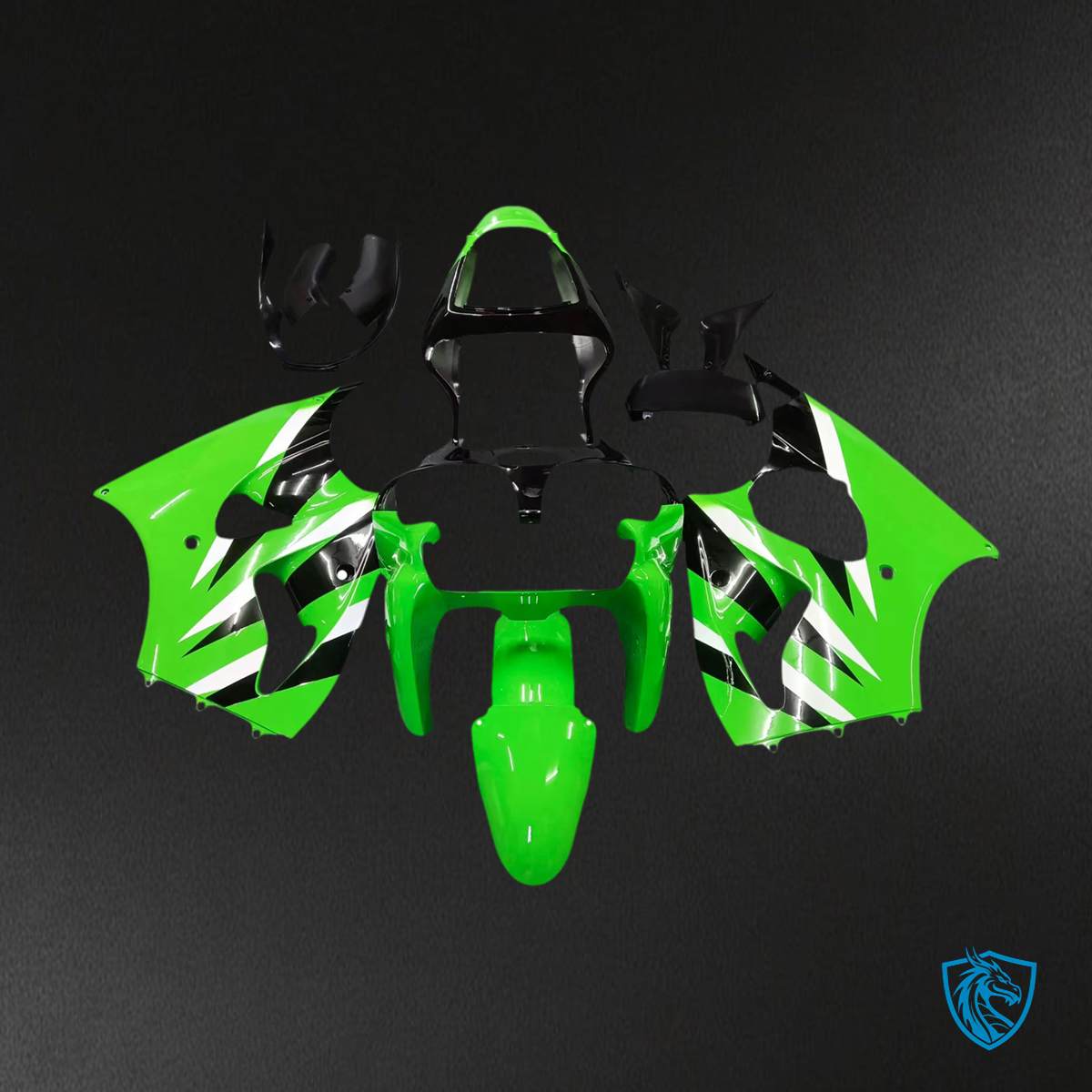 Kawasaki  Zx6R (2000-2002) Black & Green Fairing - Kit
