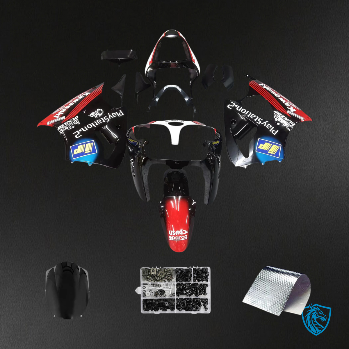 Kawasaki Zx6R (2000-2002) Black Blue & Red Fairing - Kit