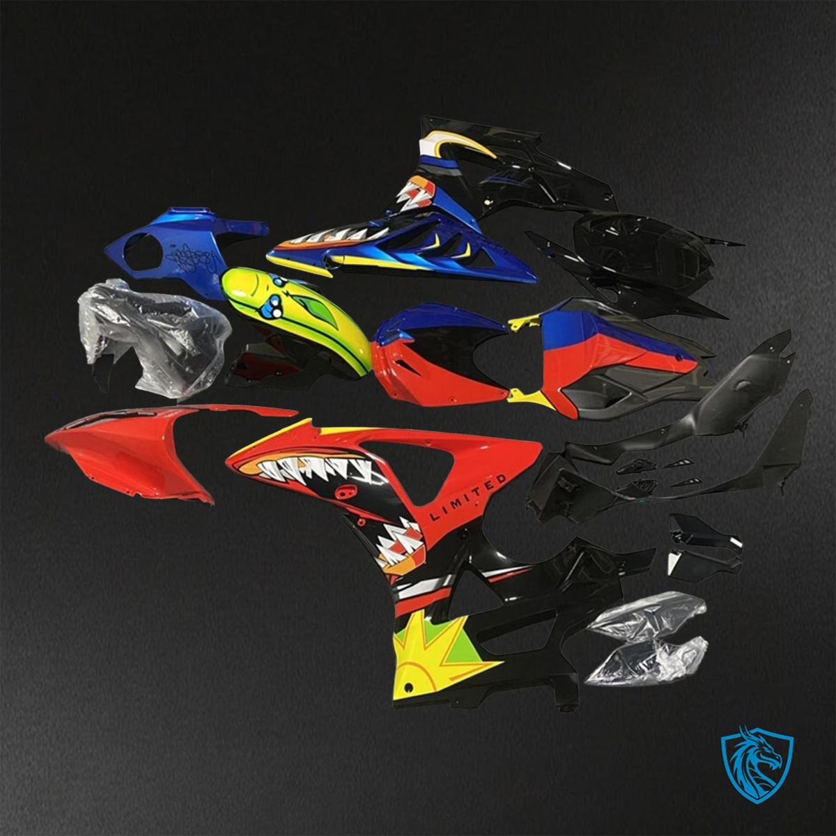 BMW S1000RR HP4 (2009-2014) Black, Blue, Red & Yellow Shark Fairings Kit - Aftermarket ABS Bodywork