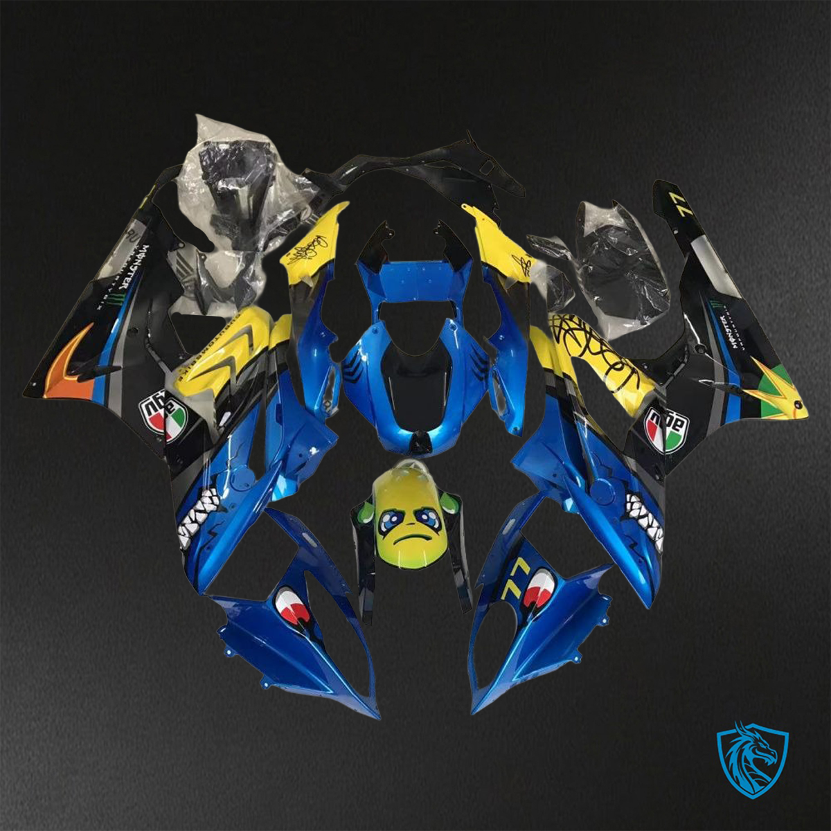 BMW S1000RR (2015-2018) HP4 (2017-2018) Blue, Yellow & Black Shark - Custom ABS Fairing Kit
