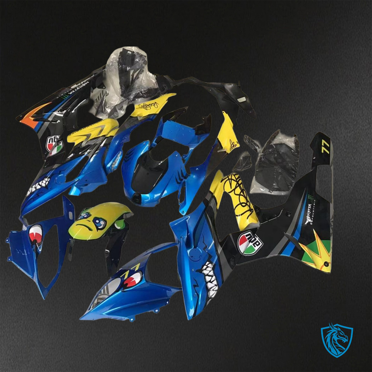 BMW S1000RR (2015-2018) HP4 (2017-2018) Blue, Yellow & Black Shark - Custom ABS Fairing Kit