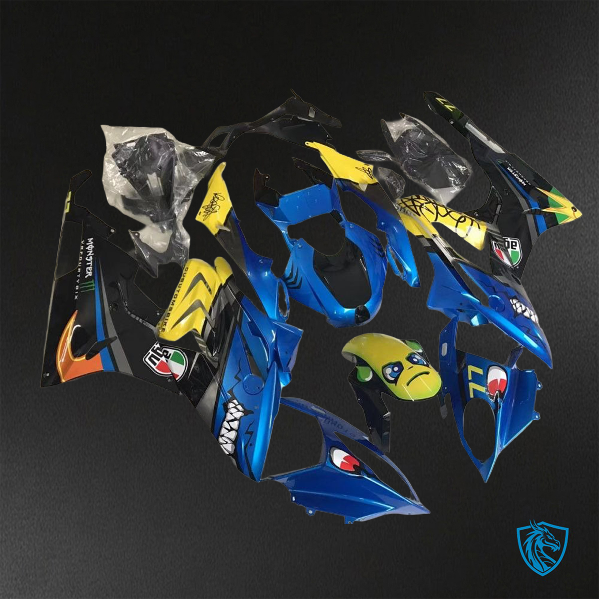 BMW S1000RR (2015-2018) HP4 (2017-2018) Blue, Yellow & Black Shark - Custom ABS Fairing Kit