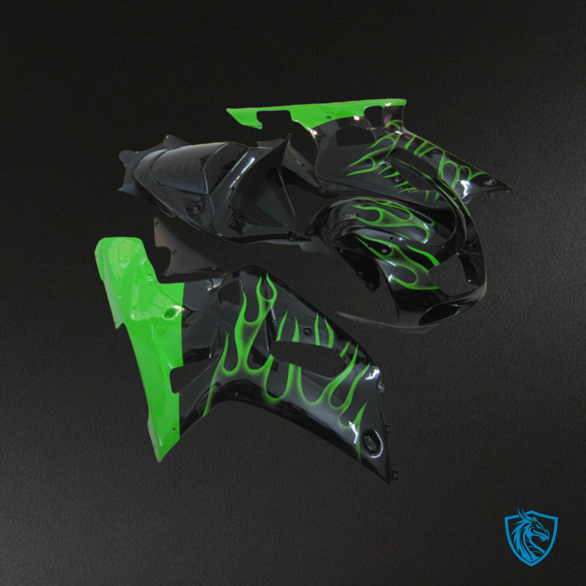 Suzuki GSXR600/750 (2001-2003) Black & Green Flame - Custom ABS Fairing Kit