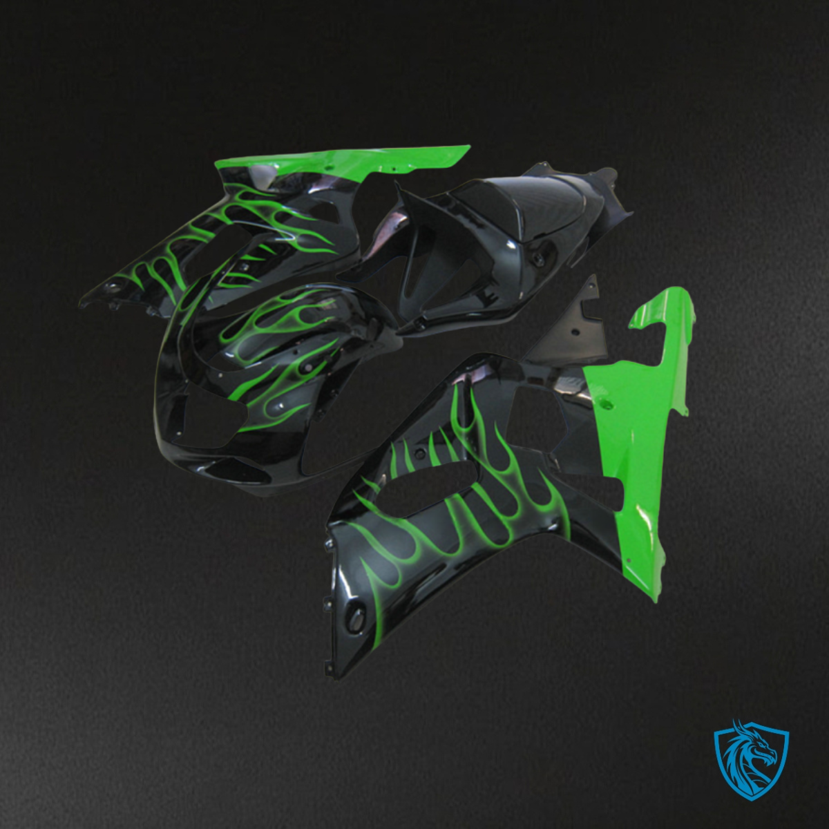 Suzuki GSXR600/750 (2001-2003) Black & Green Flame - Custom ABS Fairing Kit