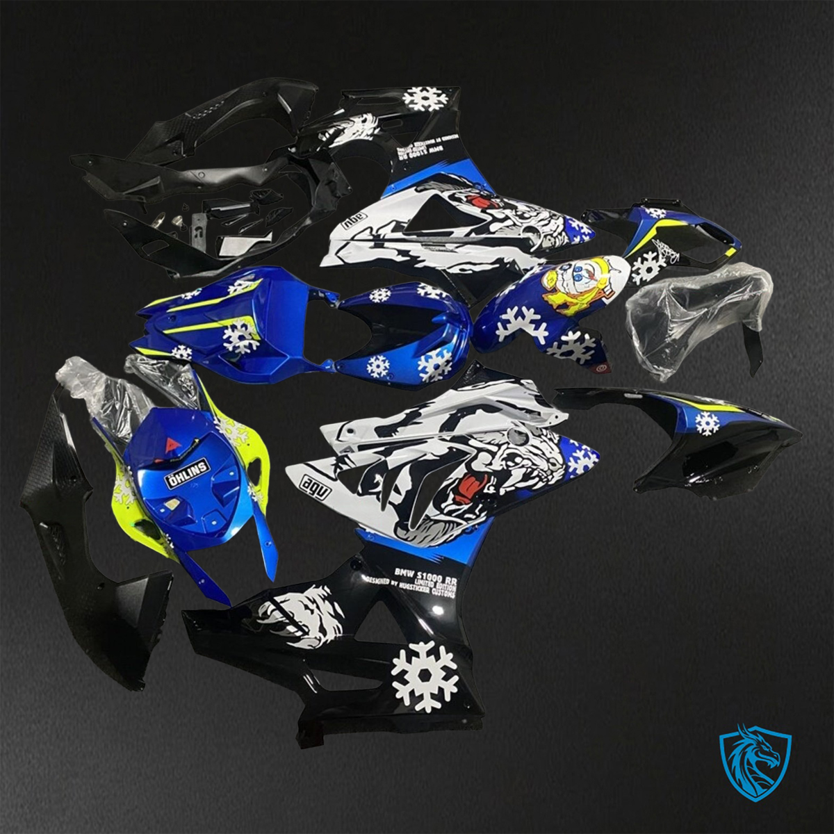 BMW S1000RR HP4 (2009-2014) Yellow, Blue, Black & White Tiger - Custom ABS Fairing Kit