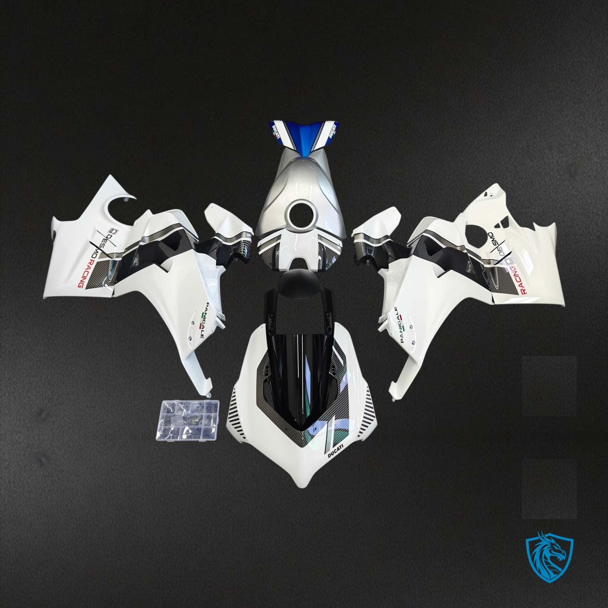 Ducati Panigale V4 V4S V4R (2022-2023) White Blue & Carbon Grey Gloss Fairing Kit - Aftermarket ABS Bodywork