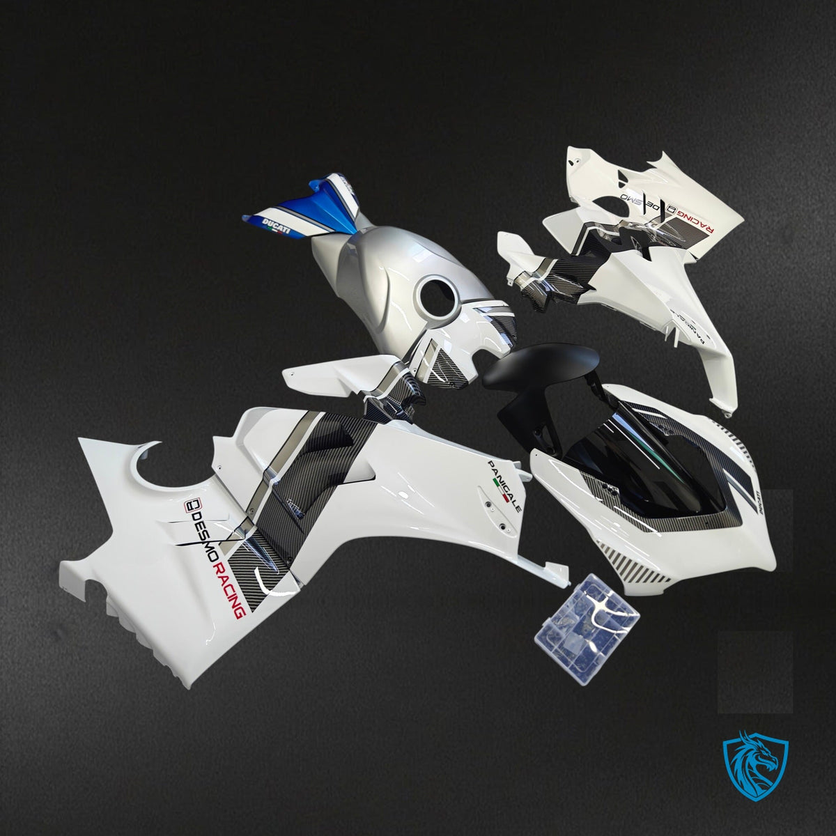 Ducati Panigale V4 V4S V4R (2022-2023) White Blue & Carbon Grey Gloss Fairing Kit - Aftermarket ABS Bodywork