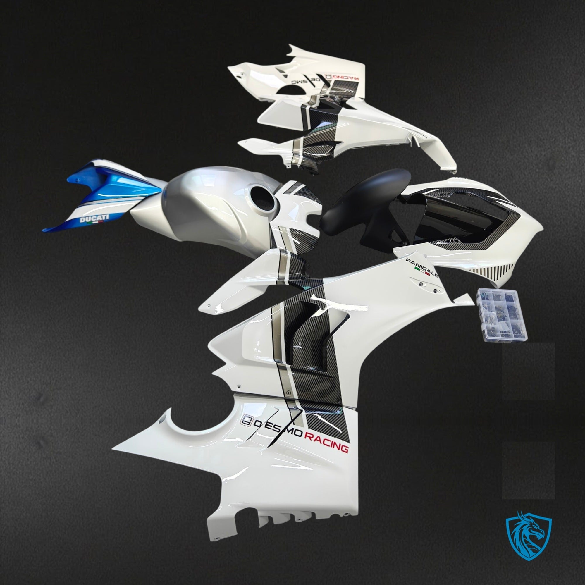 Ducati Panigale V4 V4S V4R (2022-2023) White Blue & Carbon Grey Gloss Fairing Kit - Aftermarket ABS Bodywork