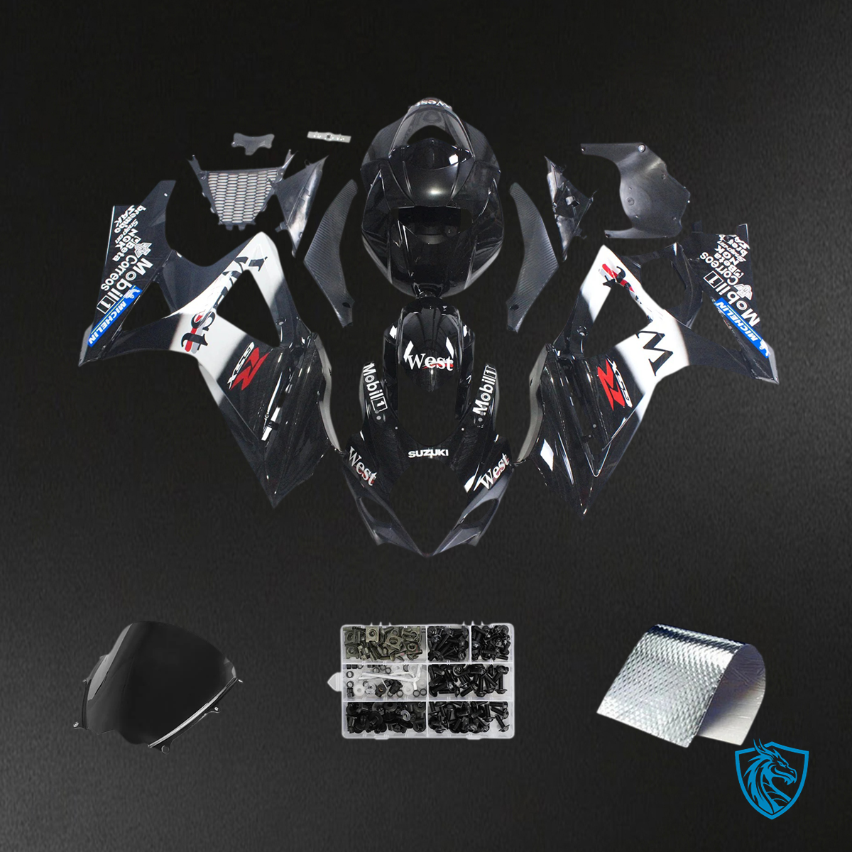 Suzuki GSXR1000 (2007-2008) Glossy Black & White - Fairing Kit
