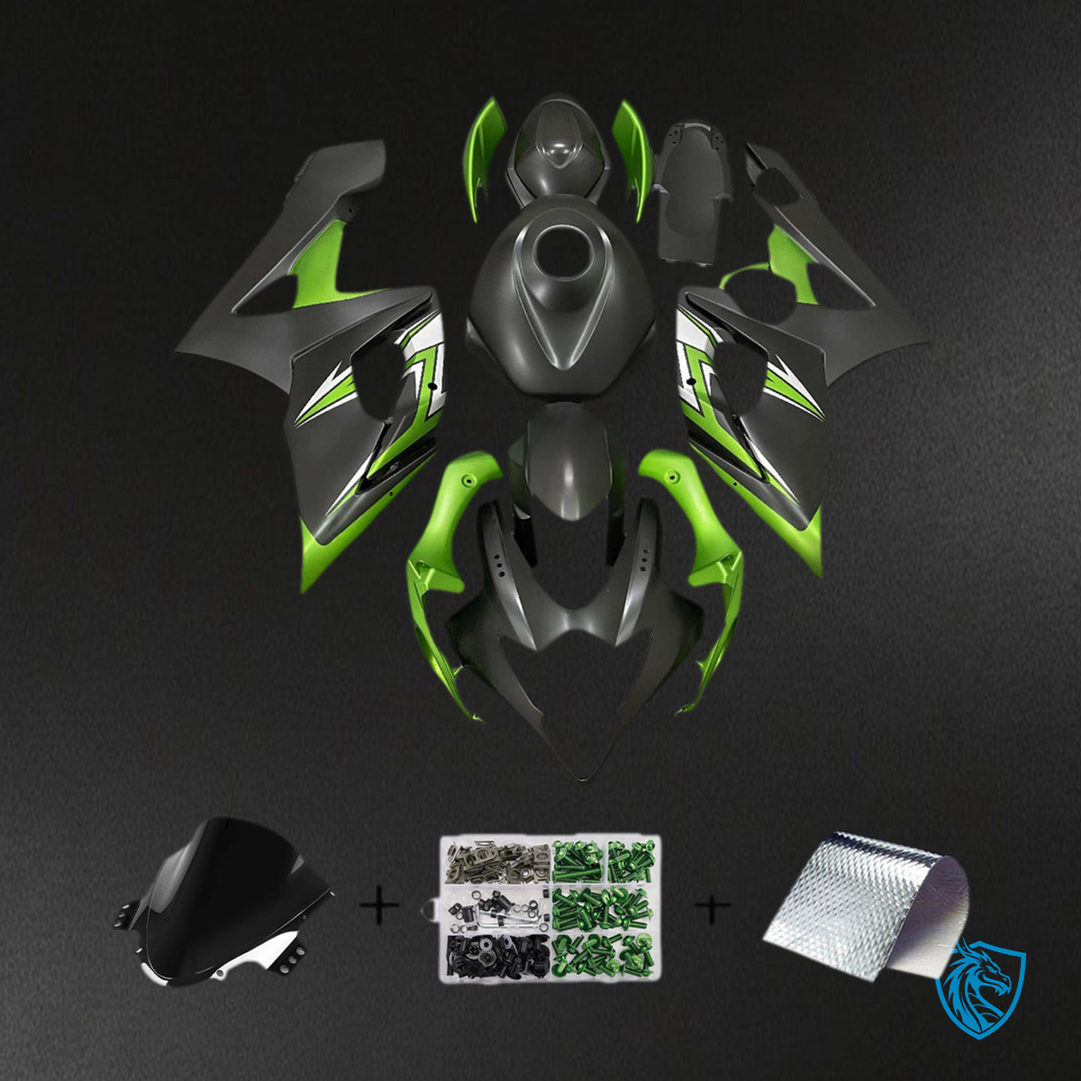 Suzuki GSXR1000 (2005-2006) Gloss Black & Green Injection Fairing Kit - Aftermarket ABS Bodywork