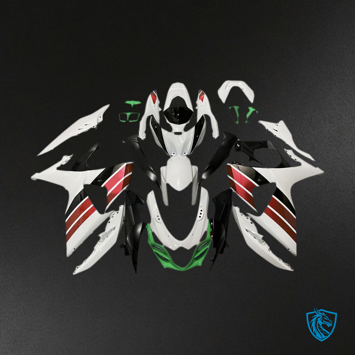 Suzuki GSXR1000 (2009-2016) White, Red & Green Injection Fairing Kit - Aftermarket ABS Bodywork
