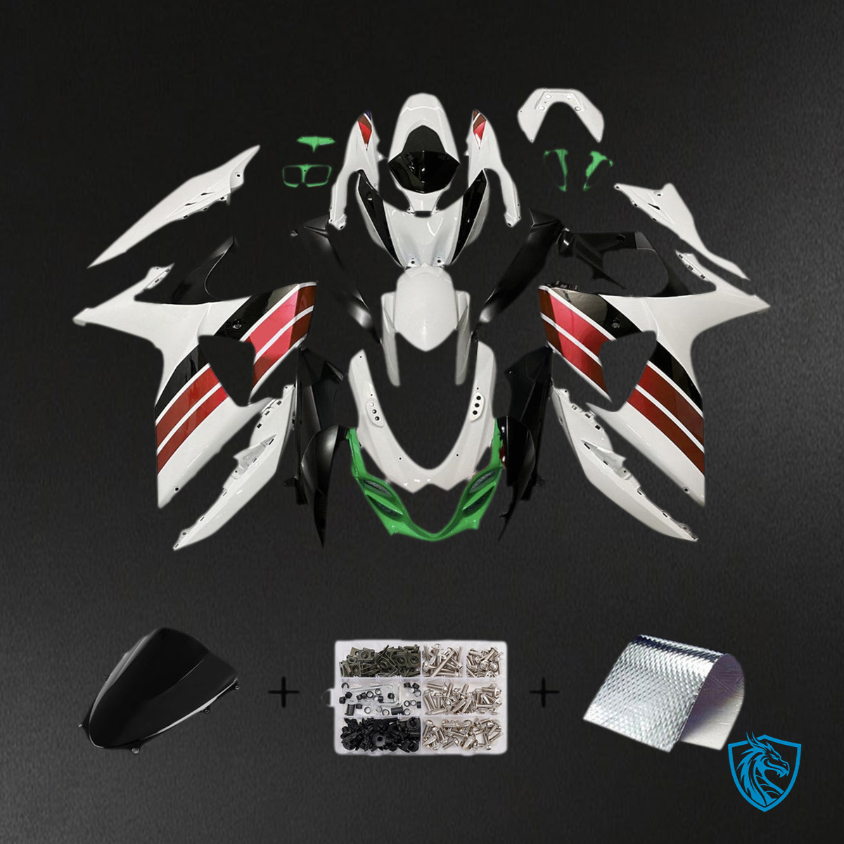 Suzuki GSXR1000 (2009-2016) White, Red & Green Fairing Kit - Aftermarket ABS Bodywork