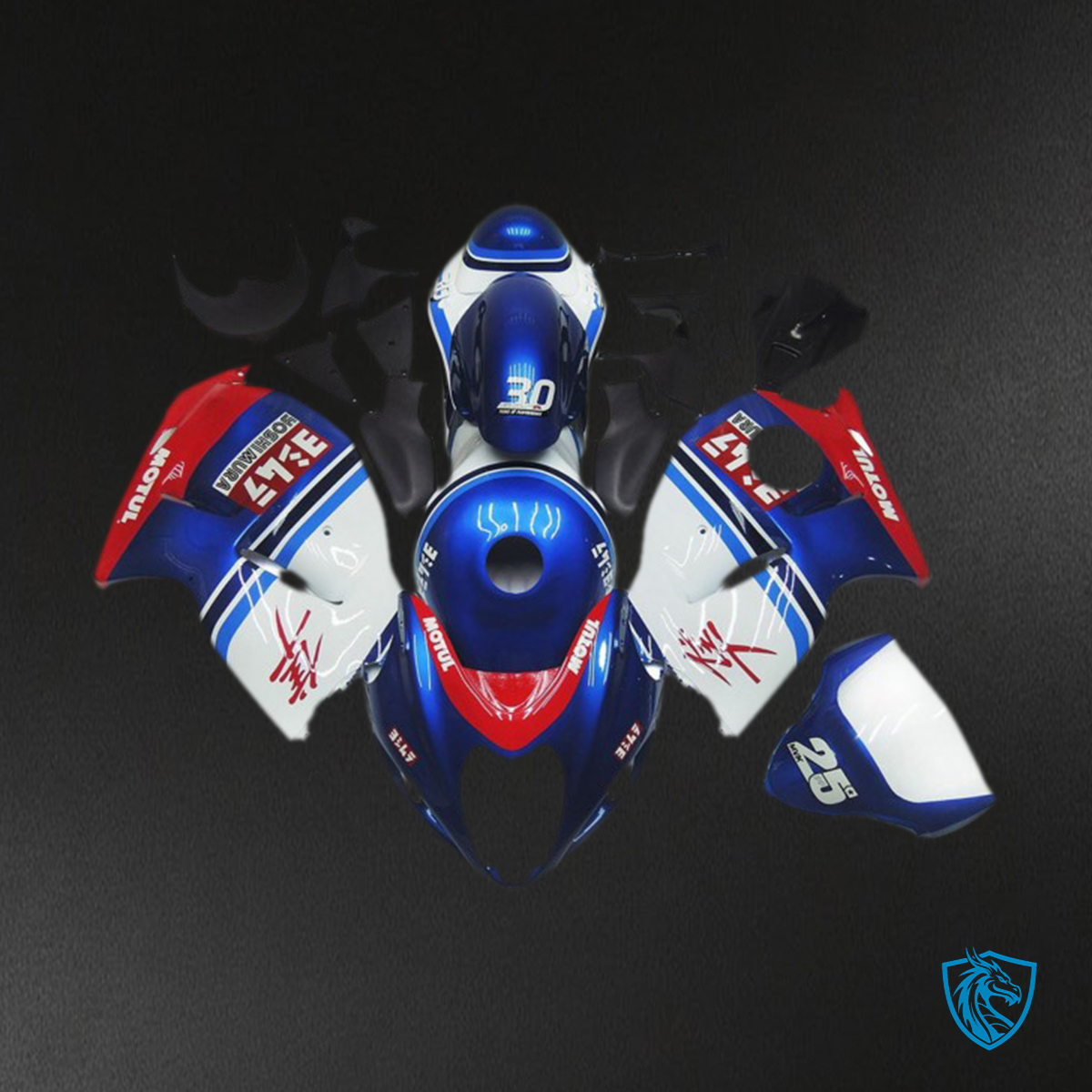 Suzuki GSXR 1300 (1997-2007) Blue & White Custom Logo Motul Fairings Kit - Aftermarket ABS Bodywork