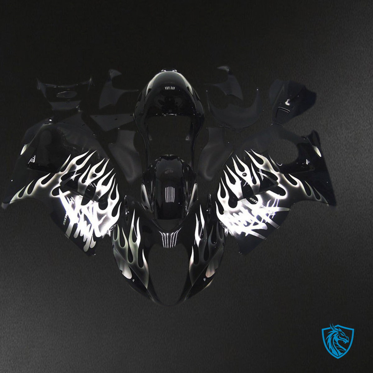 Suzuki GSXR 1300 (1997-2007) Gloss Black & Silver Flame Fairings Kit - Aftermarket ABS Bodywork