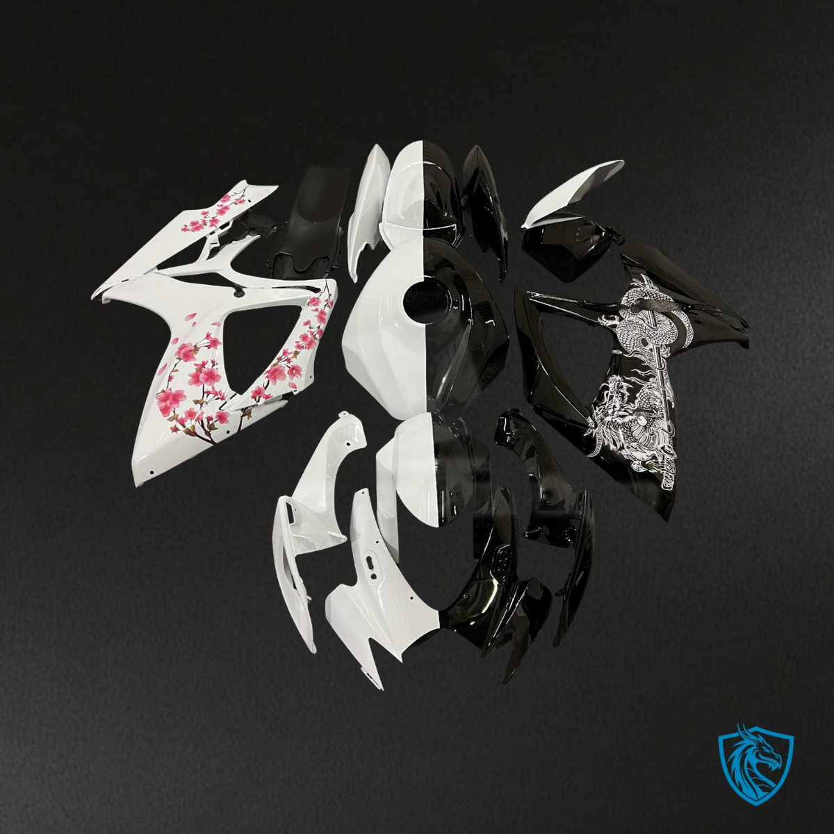 Suzuki GSXR 600-750 (2006-2007) Gloss Black & White Fairing Kit - Aftermarket ABS Bodywork