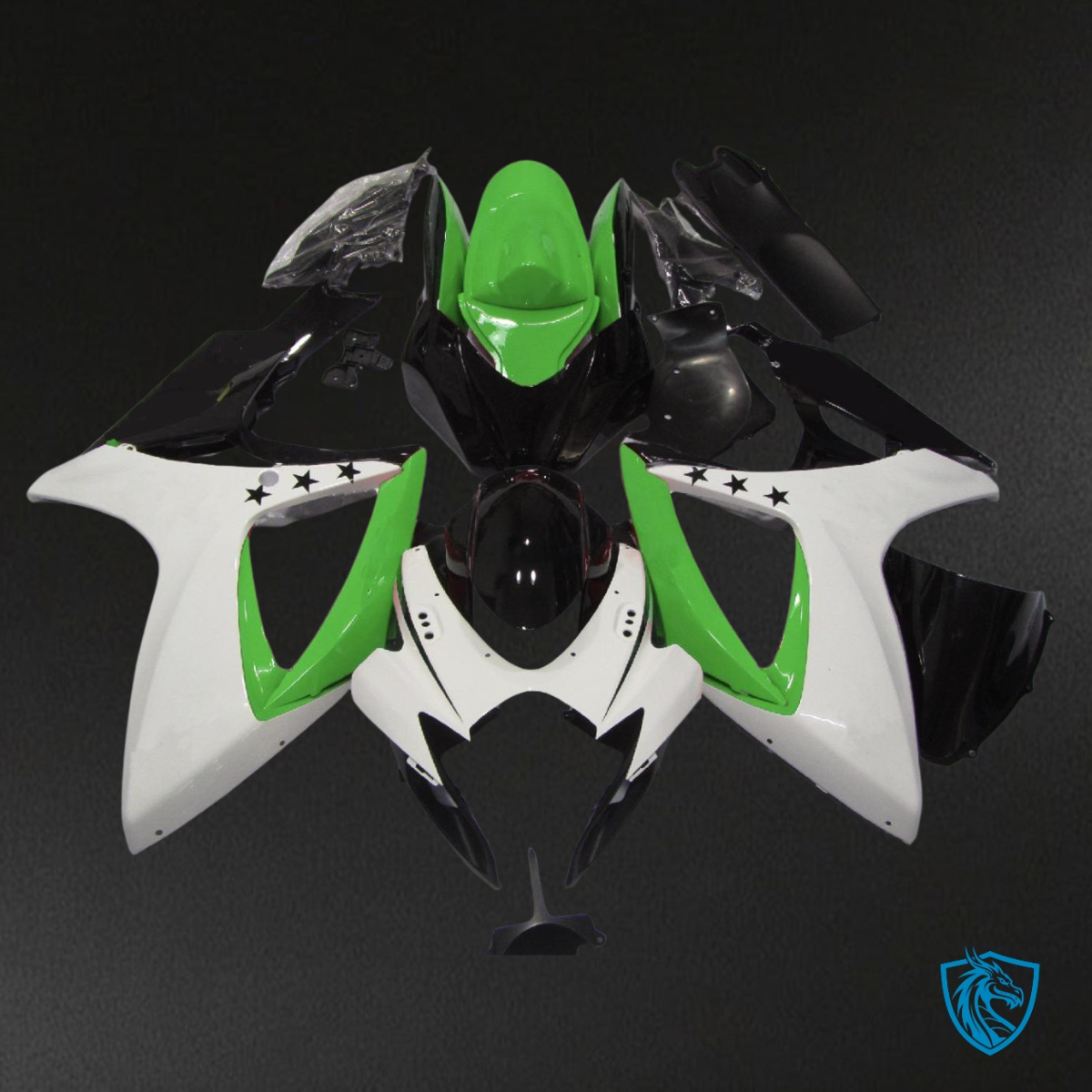 Suzuki GSXR 600-750 (2006-2007) Green, White & Black Star - Custom ABS Fairing Kit