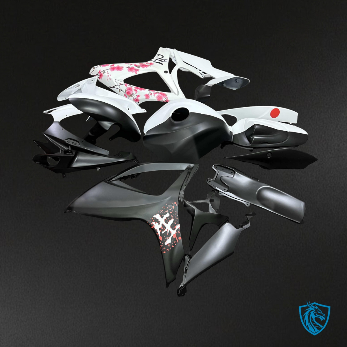 Suzuki GSXR 600-750 (2006-2007) Matte Black & White Cherry Blossom  Fairing Kit | ABS Bodywork