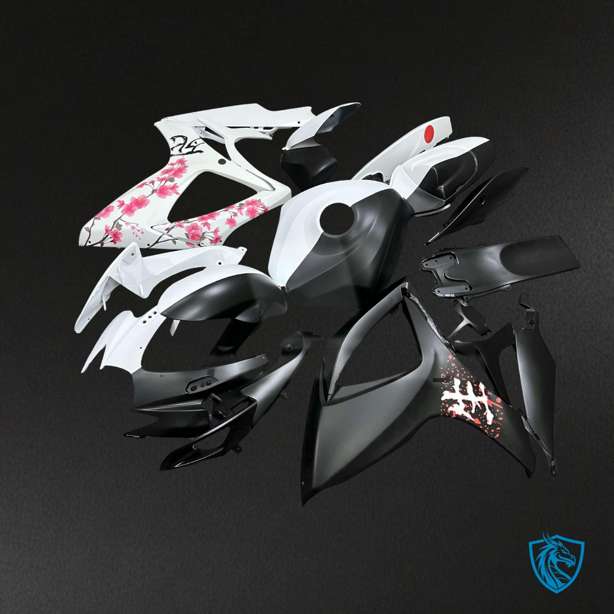 Suzuki GSXR 600-750 (2006-2007) Matte Black & White Cherry Blossom  Fairing Kit | ABS Bodywork