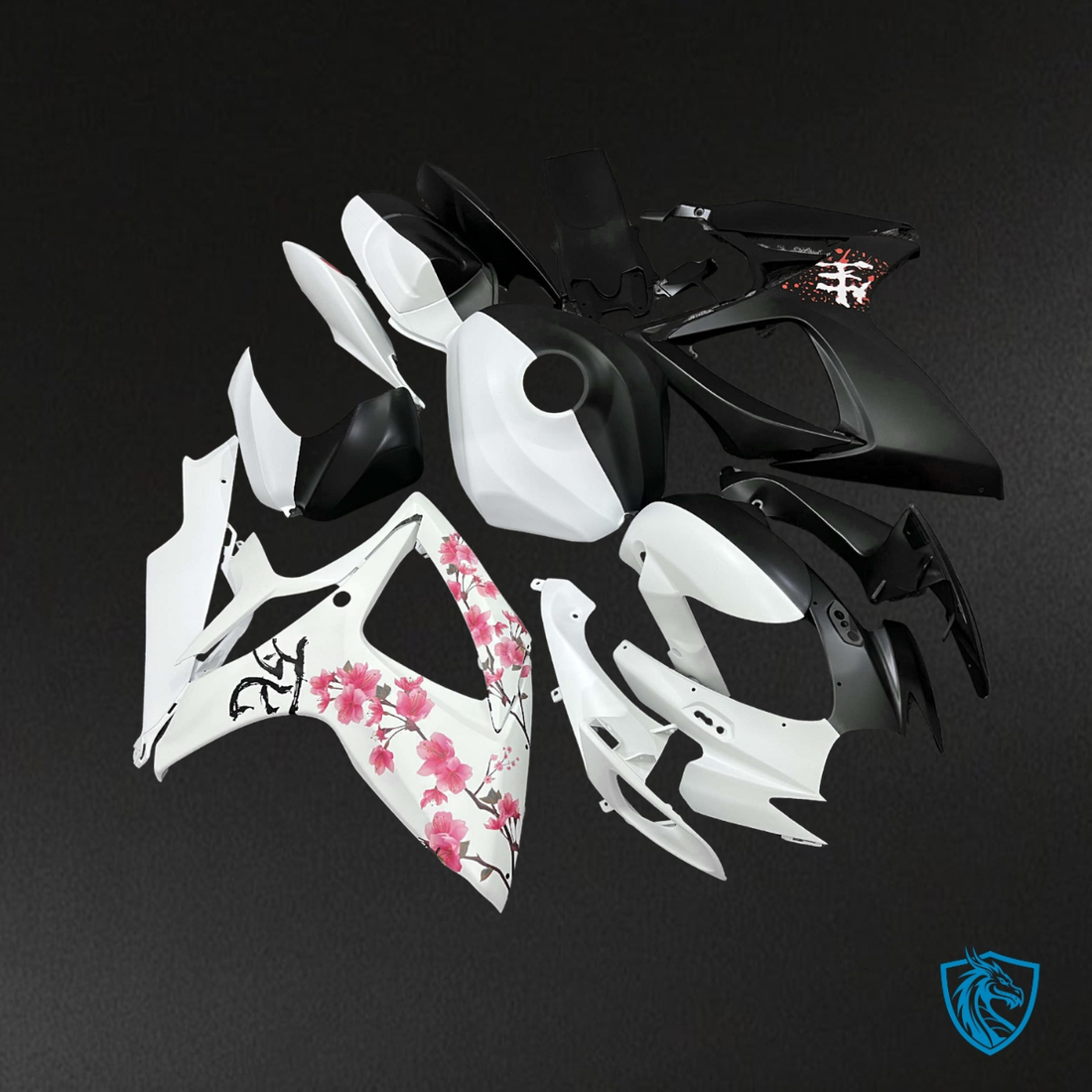Suzuki GSXR 600-750 (2006-2007) Matte Black & White Cherry Blossom  Fairing Kit | ABS Bodywork
