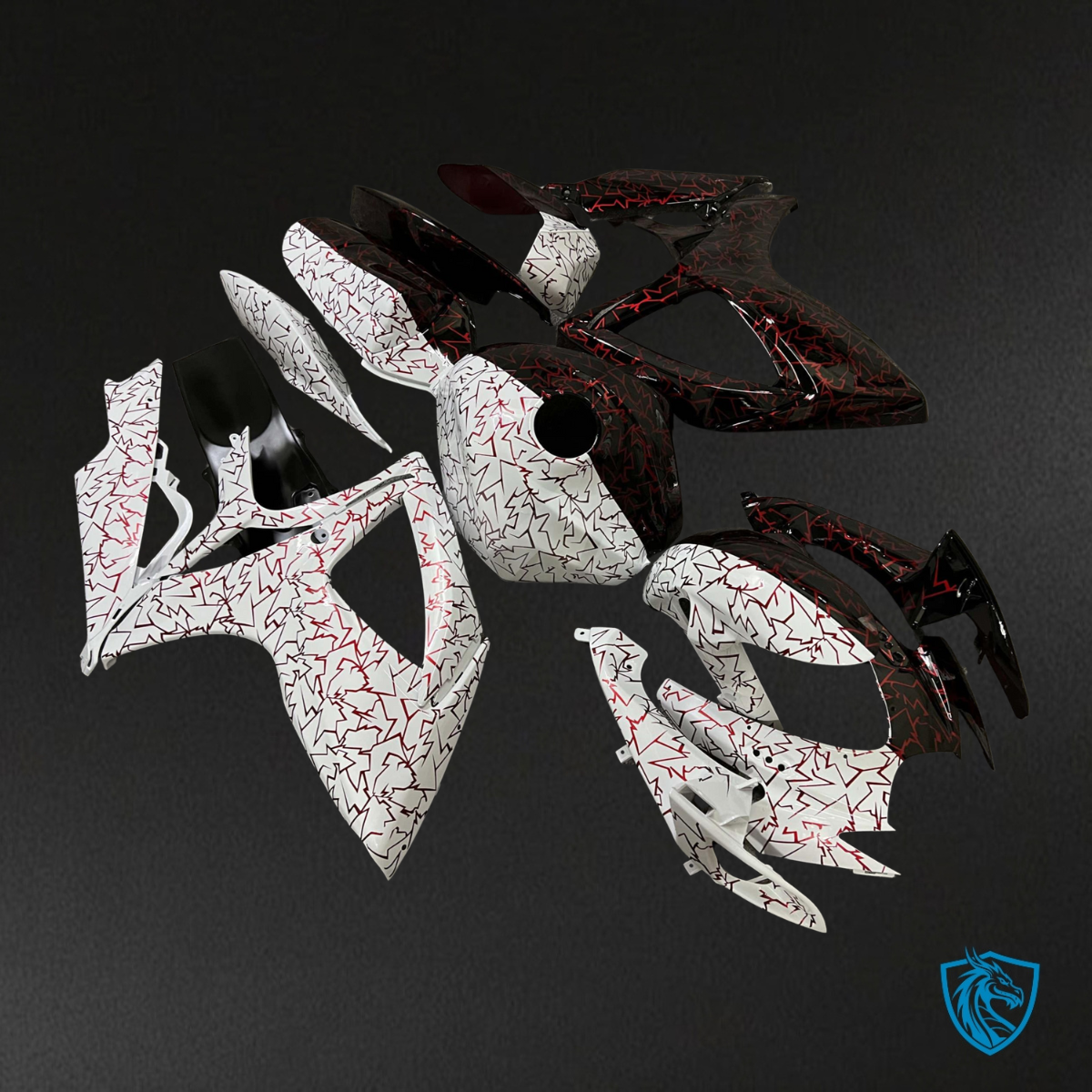 Suzuki GSXR 600-750 (2006-2007) White & Red Cracked Pattern - Custom ABS Fairing Kit