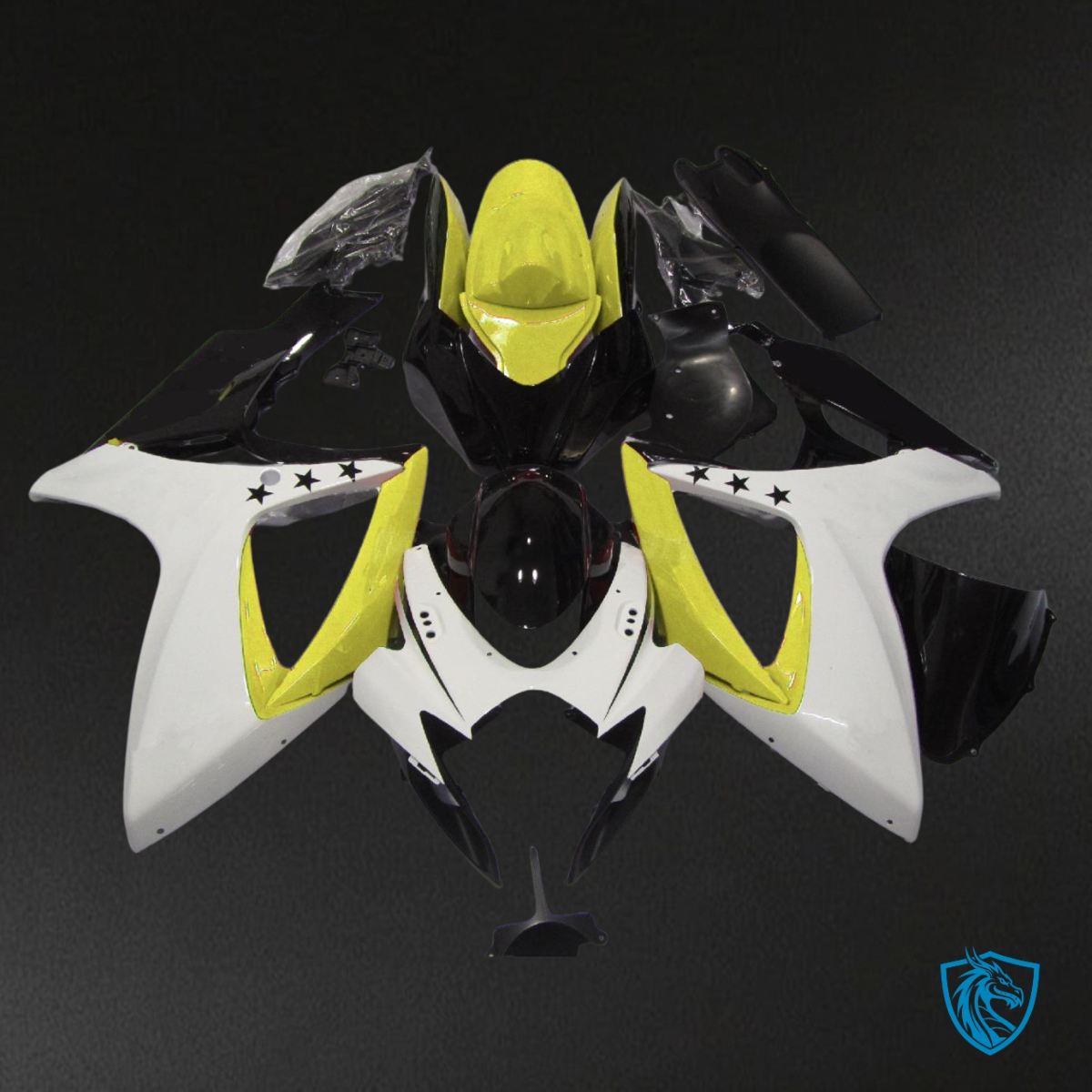 Suzuki GSXR 600-750 (2006-2007) Yellow, White & Black Star - Custom ABS Fairing Kit