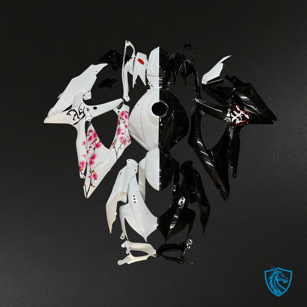 Suzuki GSXR 600-750 (2008-2010) Gloss Black & White Cherry Blossom Fairing Kit | ABS Bodywork