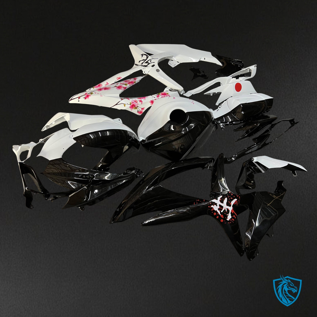 Suzuki GSXR 600-750 (2008-2010) Gloss Black & White Cherry Blossom Fairing Kit | ABS Bodywork