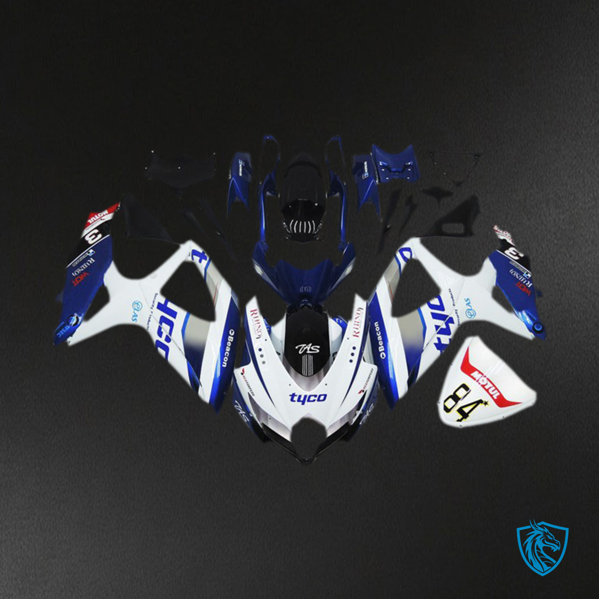 Suzuki GSXR 600-750 (2008-2010) Gloss White & Blue Tyco Style Fairings Kit - Aftermarket ABS Bodywork