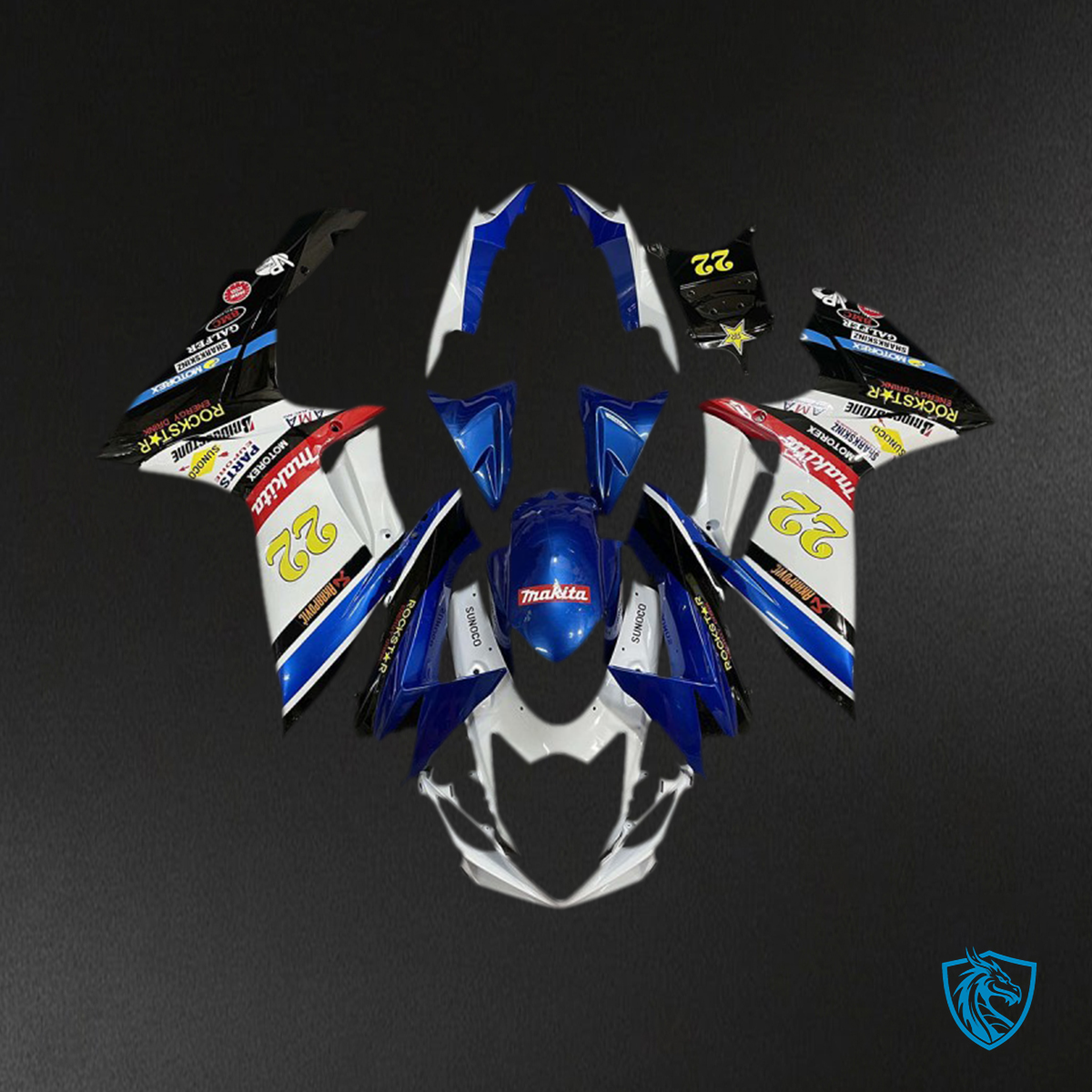 Suzuki GSXR 600-750 (2011-2024) 22 Rockstar White & Blue Motorcycle Fairings Kit - Aftermarket ABS Bodywork