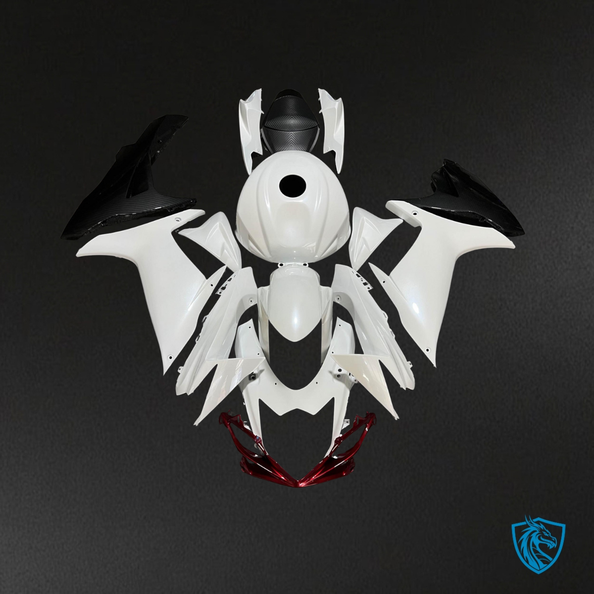 Suzuki GSXR 600-750 (2011-2026) Gloss Pearl White & Red Carbon Fiber Style - Custom ABS Fairing Kit