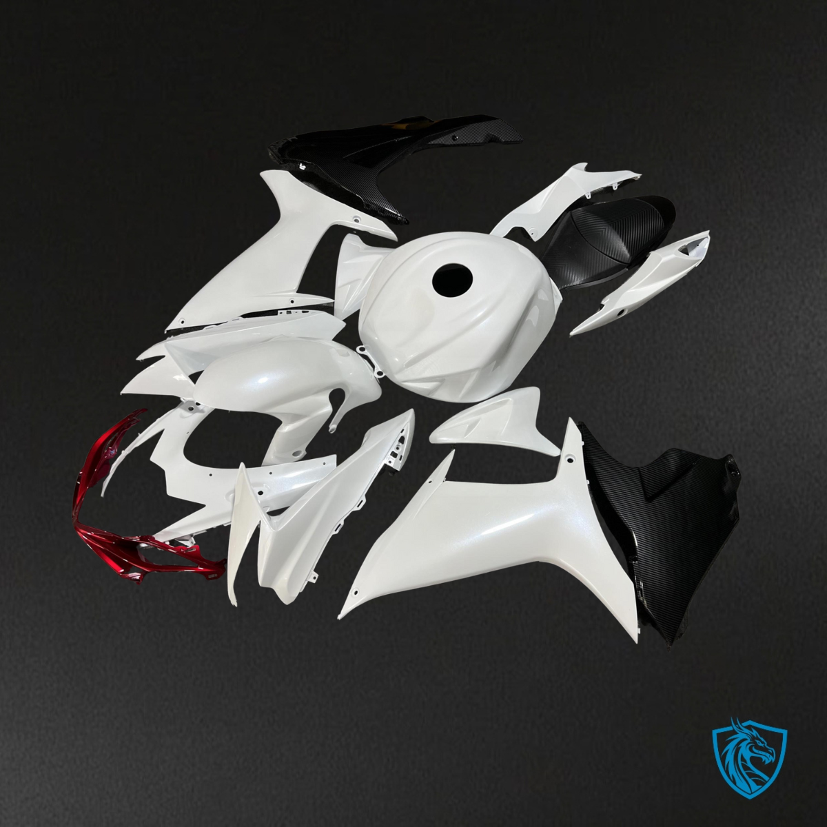 Suzuki GSXR 600-750 (2011-2026) Gloss Pearl White & Red Carbon Fiber Style - Custom ABS Fairing Kit