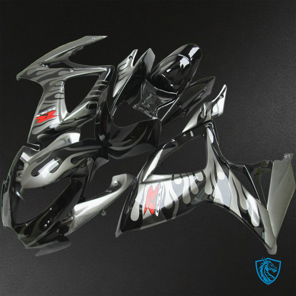 Suzuki GSX-R600/750 (2006-2007) Silver & Black Flame Fairings Kit - Aftermarket ABS Bodywork