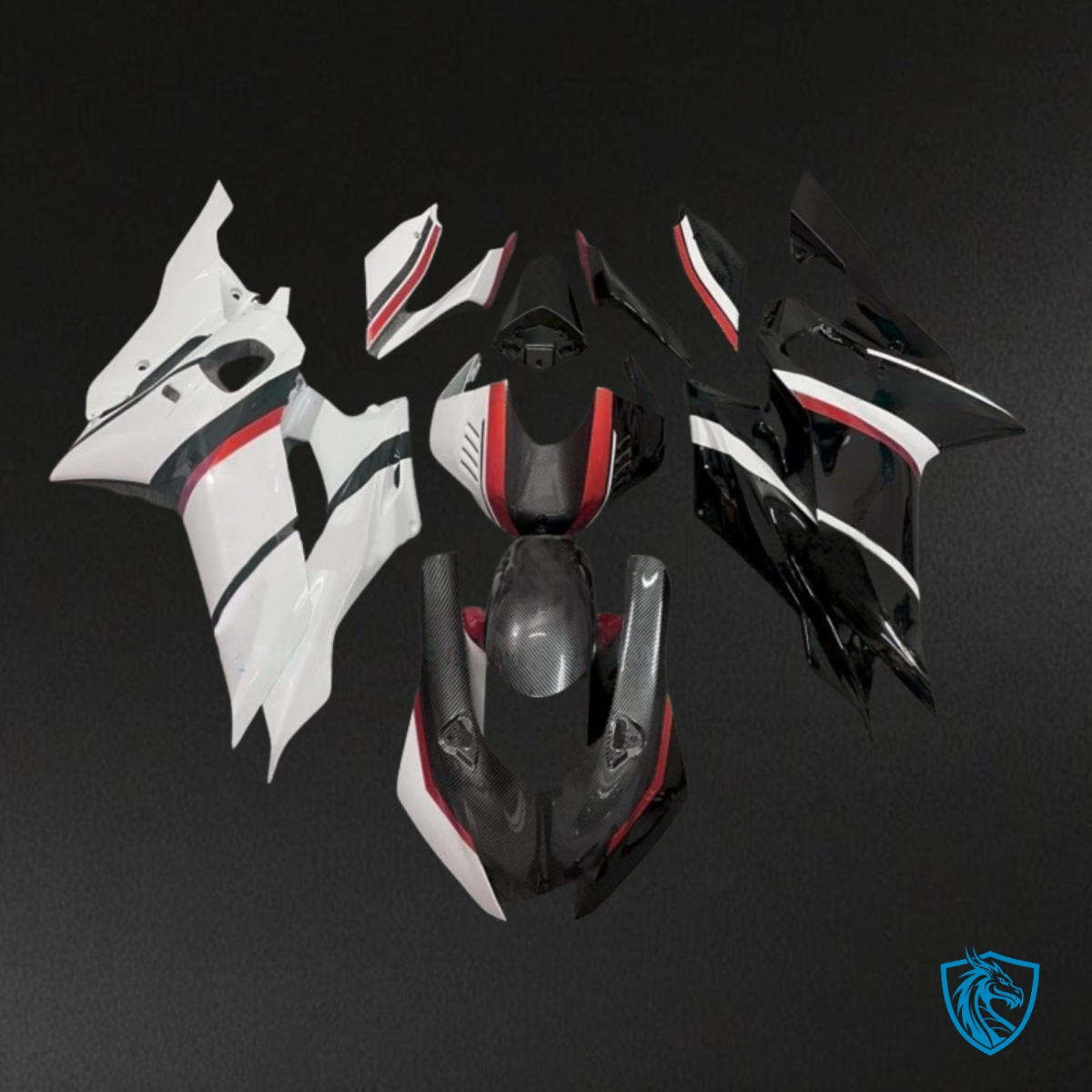 Yamaha YZF R6 (2017-2019) Black, White & Red Carbon Fabric - MERGEment Motorcycle Fairings Kit