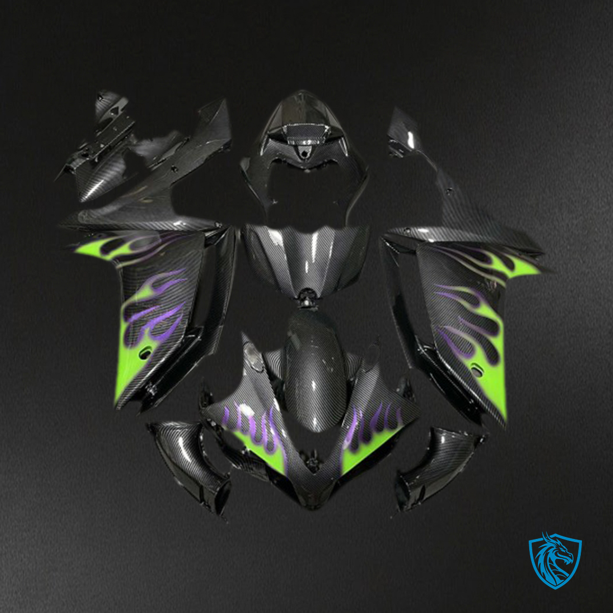 Yamaha R1 (2007-2008) Black, Green & Purple Carbon Fiber - Replacement Motorcycle Fairings Kit