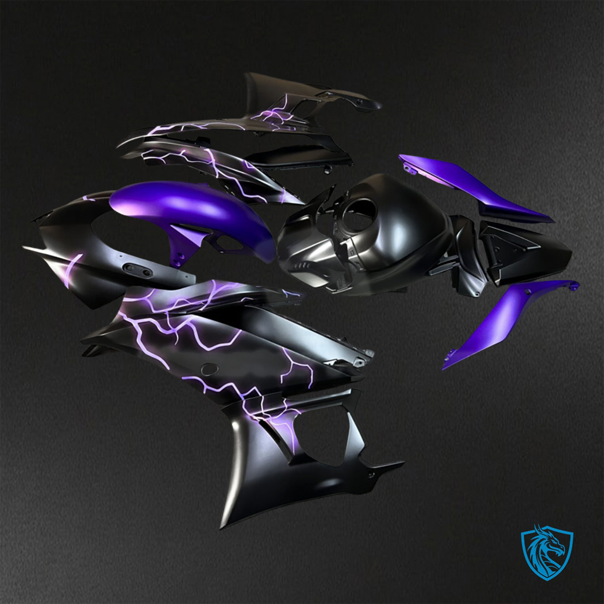 Yamaha R3 (2019-2021) Matte Black & Purple Lightnings - Replacement Motorcycle Fairings Kit