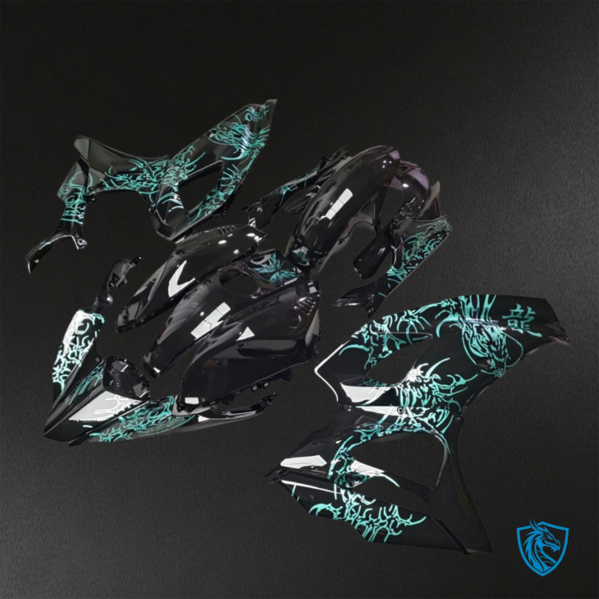 Yamaha R7 (2021-2025) Gloss Black & Teal Dragon - Replacement Motorcycle Fairings Kit