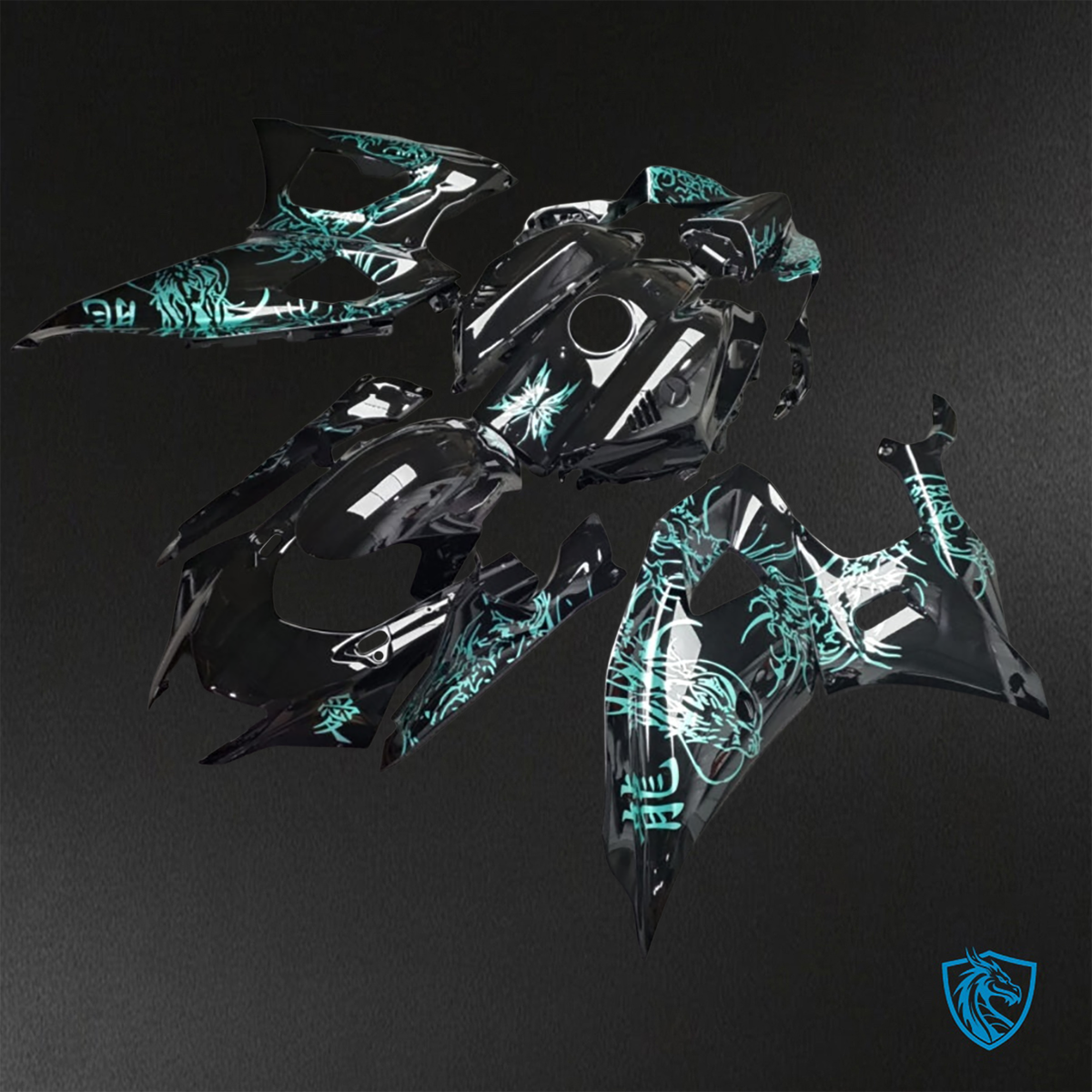 Yamaha R7 (2021-2025) Gloss Black & Teal Dragon - Replacement Motorcycle Fairings Kit