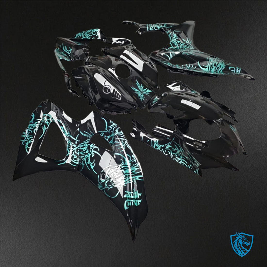 Yamaha R7 (2021-2025) Gloss Black & Teal Dragon - Replacement Motorcycle Fairings Kit