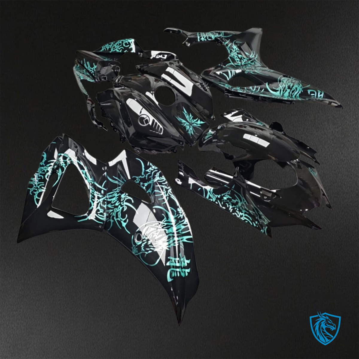 Yamaha R7 (2021-2025) Gloss Black & Teal Dragon - Replacement Motorcycle Fairings Kit