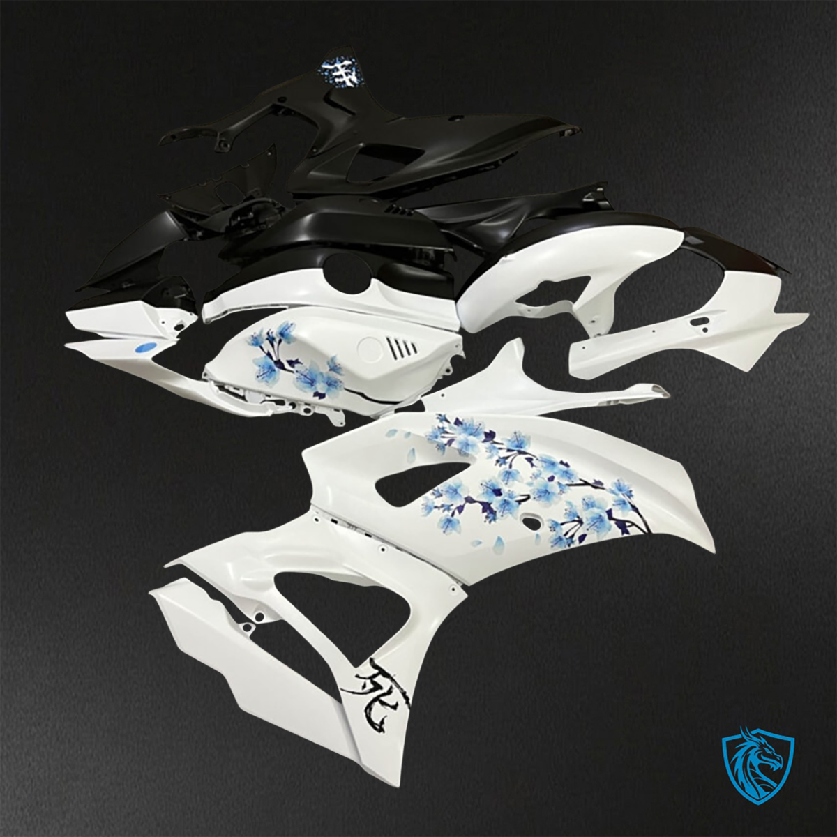 Yamaha R7 (2021-2025) Black, White & Blue Cherry Blossom - Replacement Motorcycle Fairings Kit