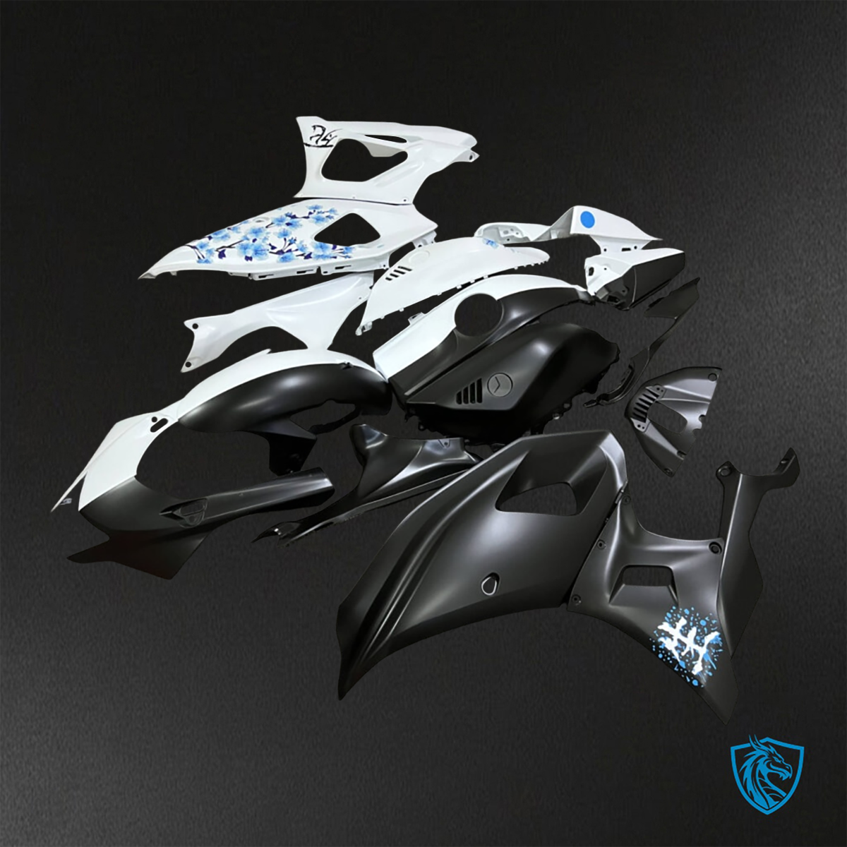 Yamaha R7 (2021-2025) Black, White & Blue Cherry Blossom - Replacement Motorcycle Fairings Kit